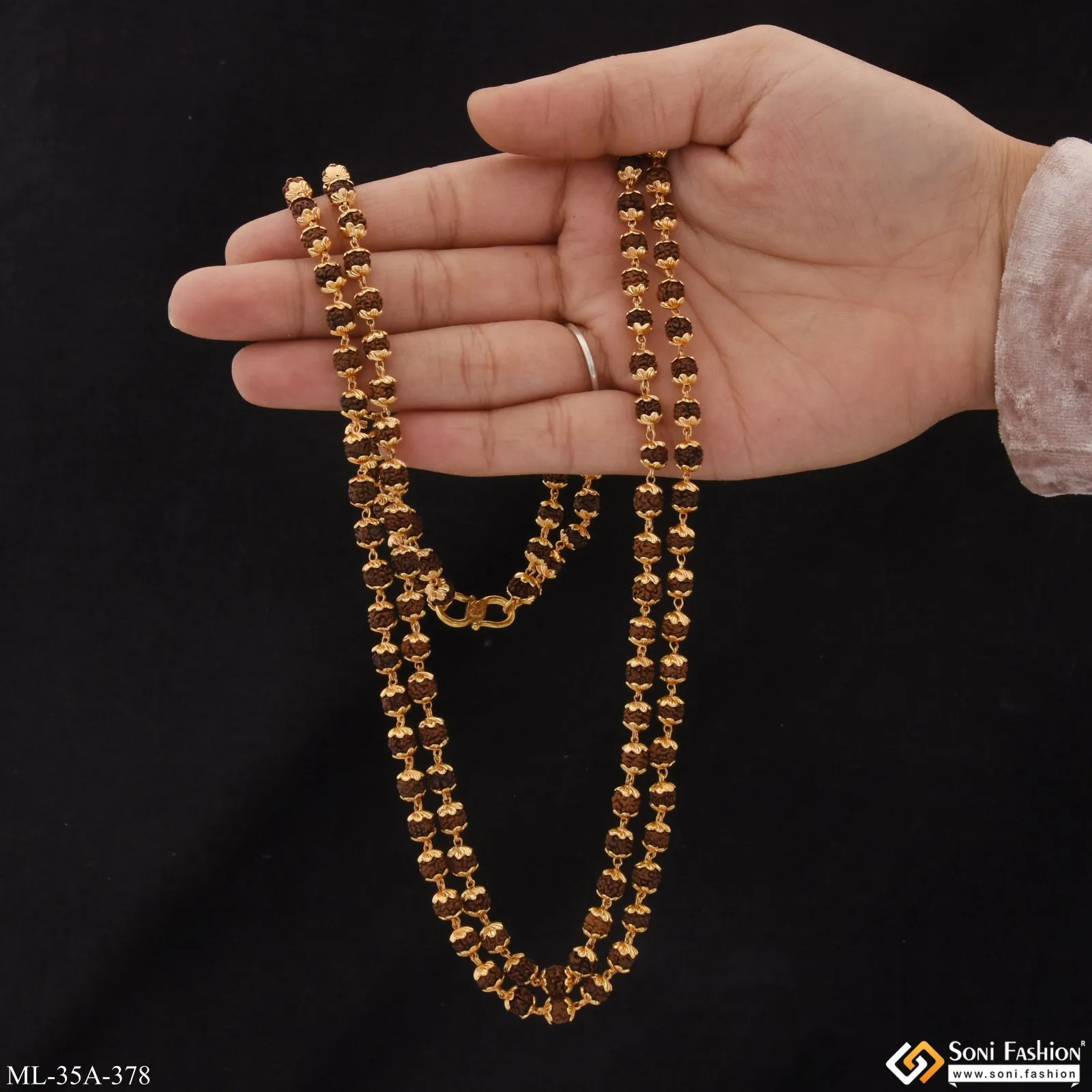 1 Gram Gold Plated 2 Line Popular Design Rudraksha Mala for Men - Style A378
