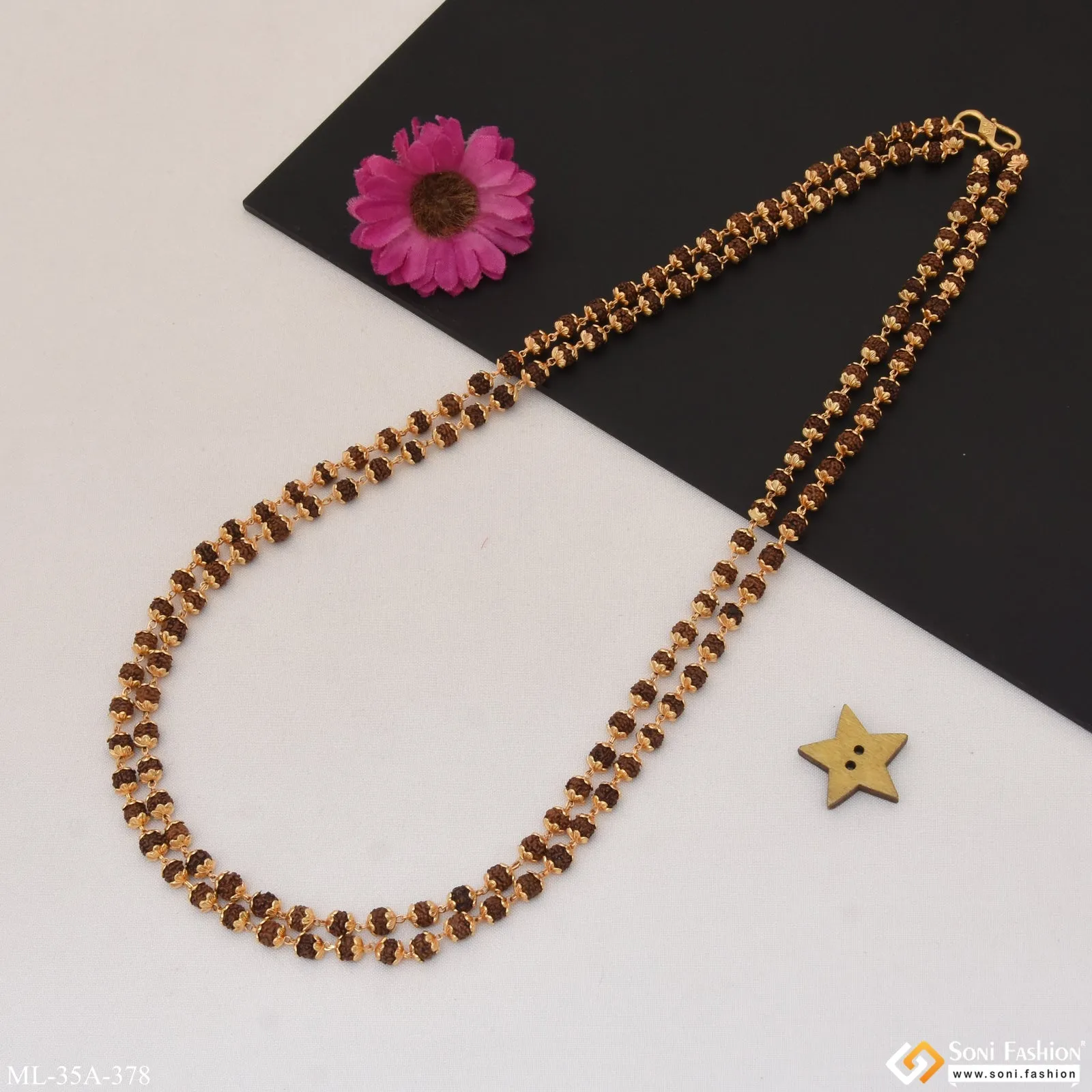 1 Gram Gold Plated 2 Line Popular Design Rudraksha Mala for Men - Style A378