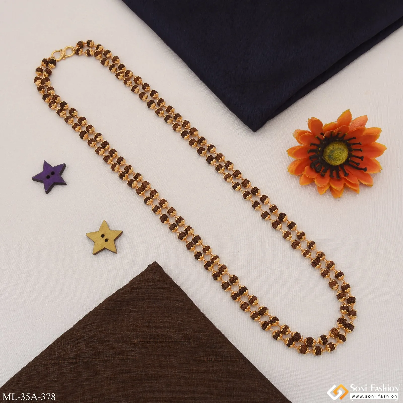 1 Gram Gold Plated 2 Line Popular Design Rudraksha Mala for Men - Style A378