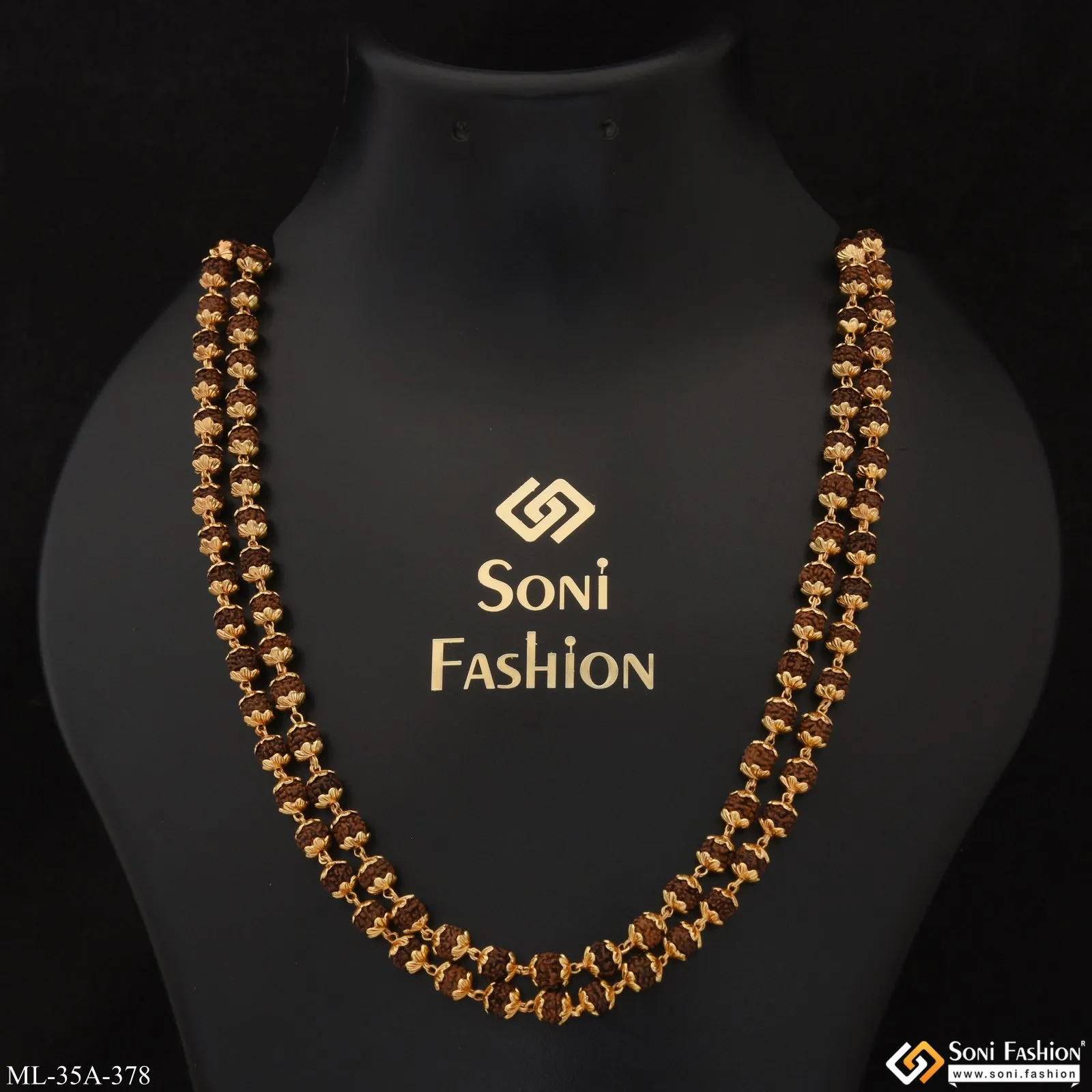 1 Gram Gold Plated 2 Line Popular Design Rudraksha Mala for Men - Style A378