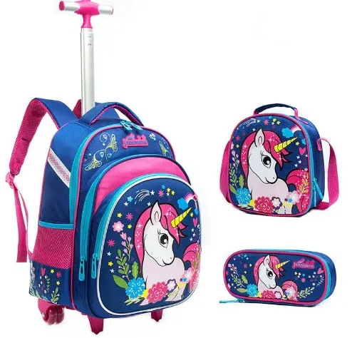 3D-printed Sequins Kids Wheeled Backpack 3 Piece Set