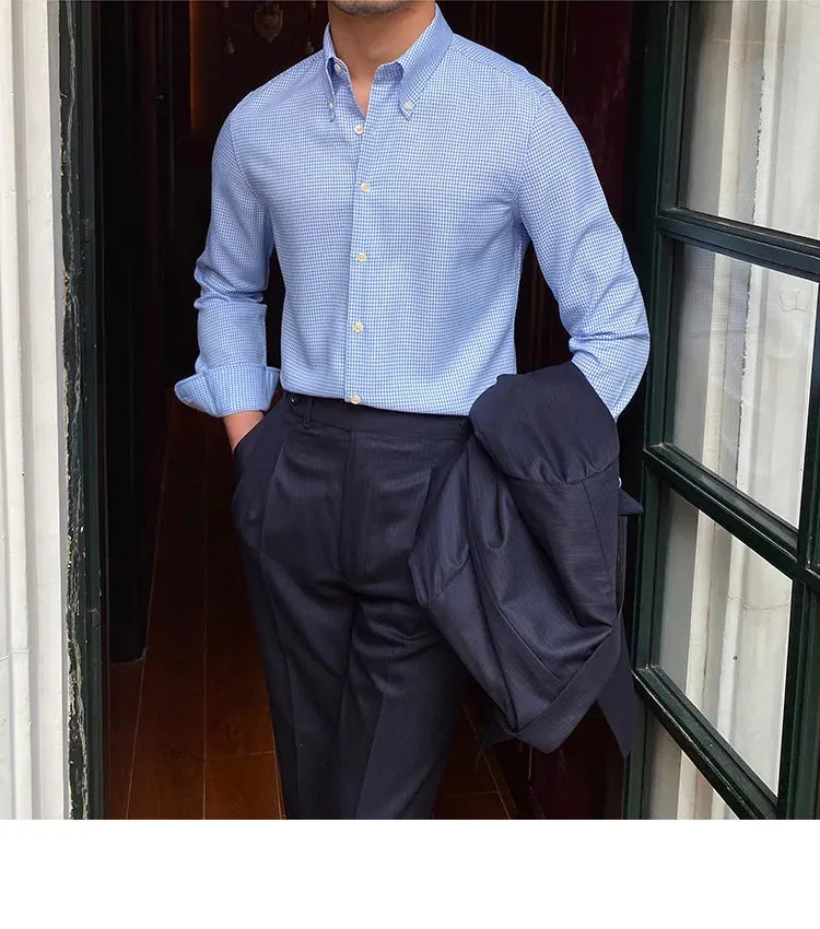 Aidase British Fashion Slim Shirt Trend Men Shirt Office Tuxedo Shirt Social Business Lattice Shirts Men Cuba Collar Long Sleeve Shirt