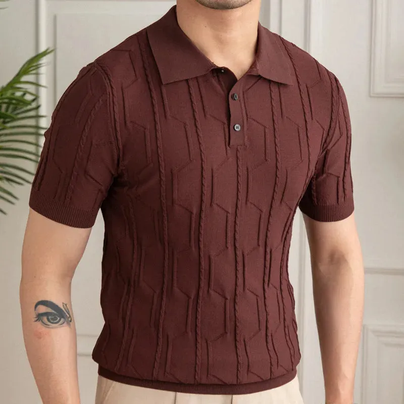 Aidase British Slim Lapel Knitted Striped Casual Polo Shirt Summer Jacquard Lapel Neck Men's Solid Color Short-sleeved T-shirt