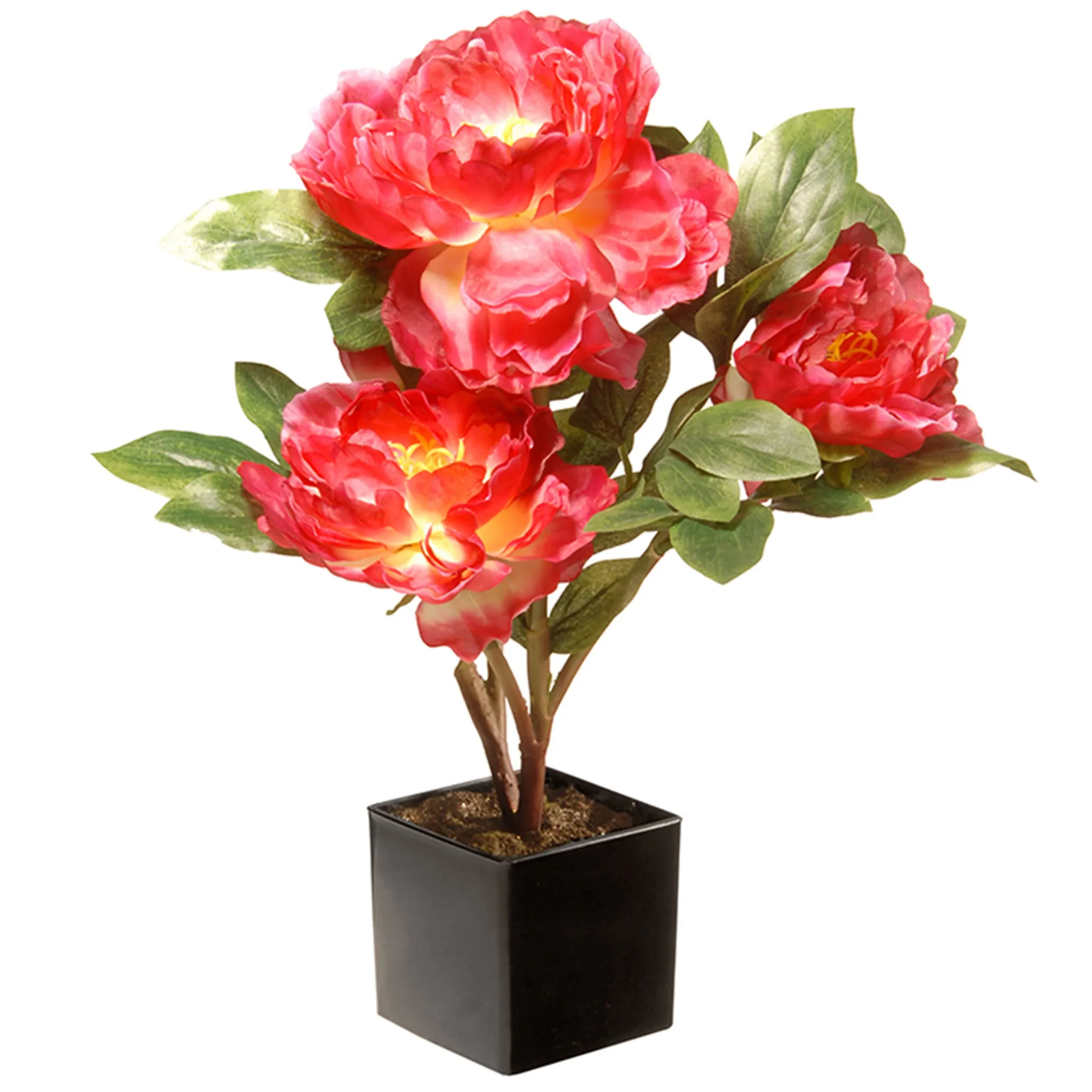 Artificial Potted Flower, Red Peony, Incudes Black Base, Spring Collection, 15 Inches