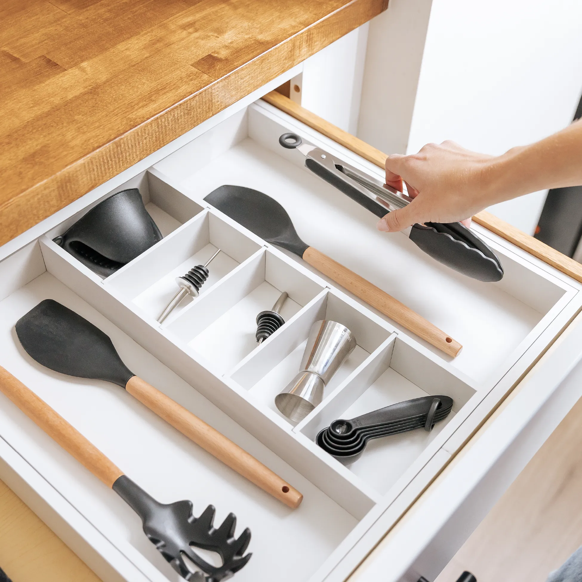 Bamboo Utensils & Junk Drawer Organizer - White Finish (Expands 18.5-33in)