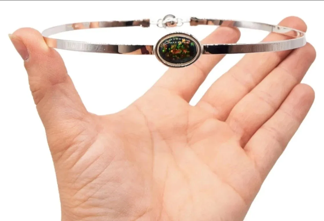 BDSM Locking Day Collar O Ring Submissive Solid 925 Sterling Silver Black LC Fire Opal Cuff Collar    g1