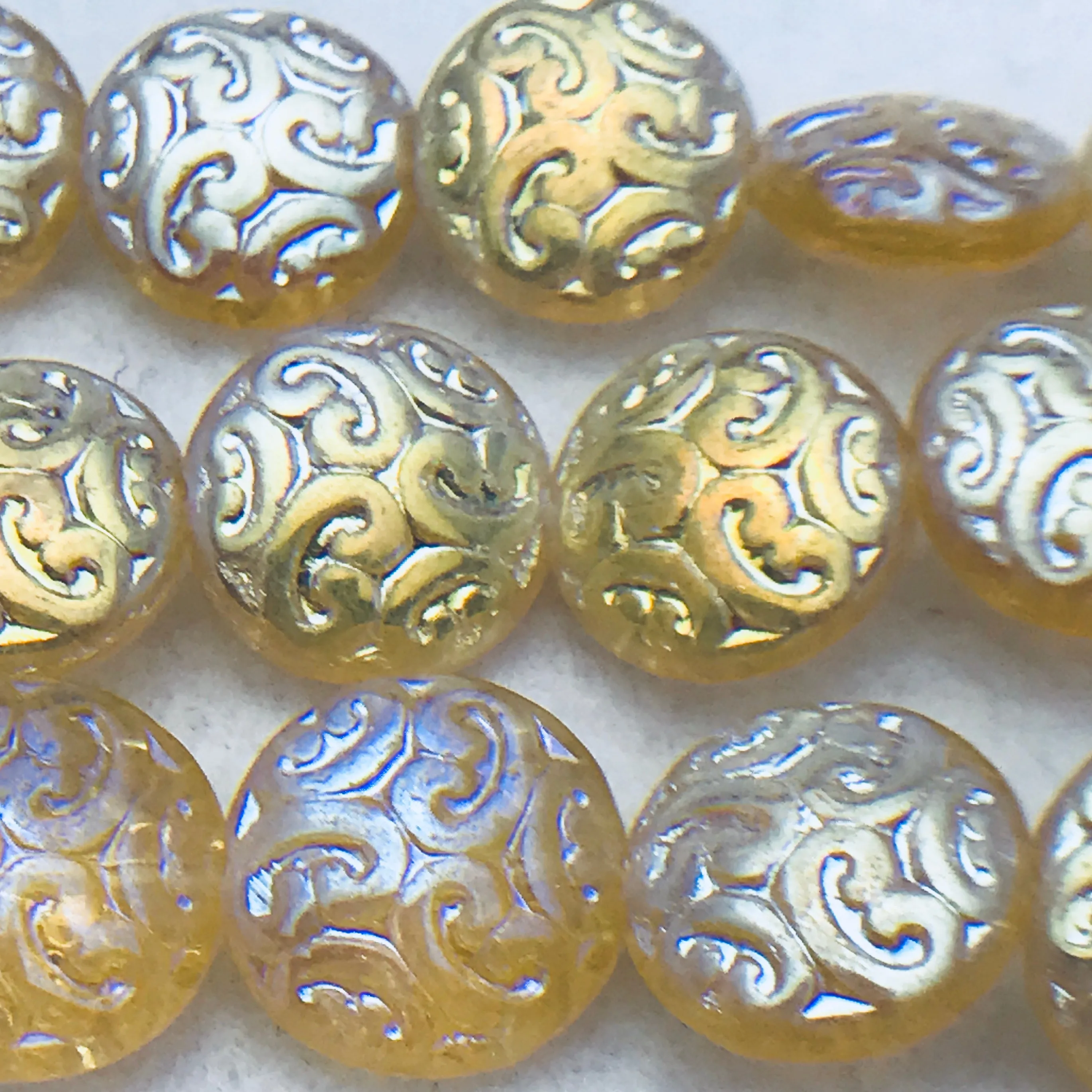 Button Coin Czech Beads, Light Topaz AB 13mm