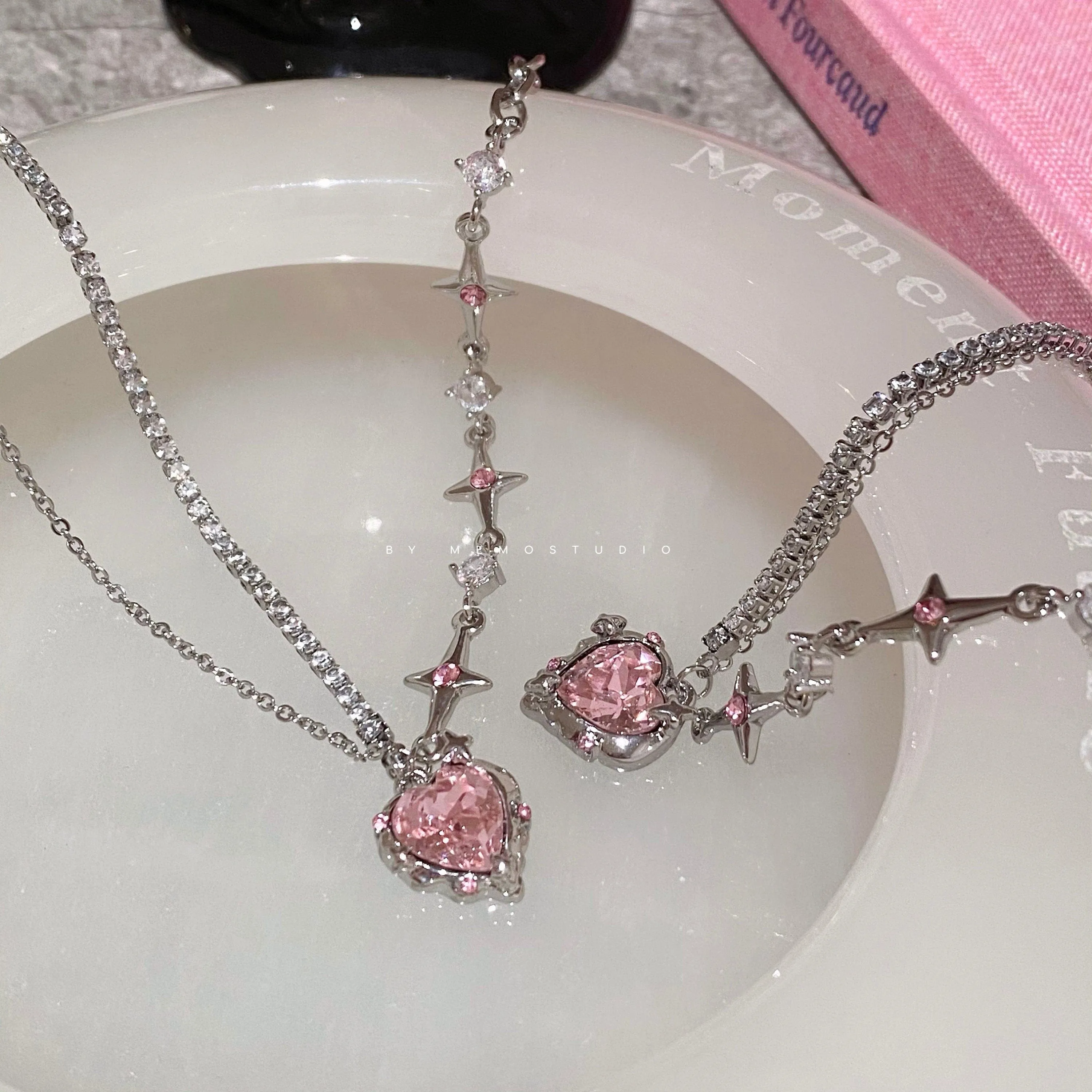 Chic Pink Crystal Heart Pendant Star Chain Necklace