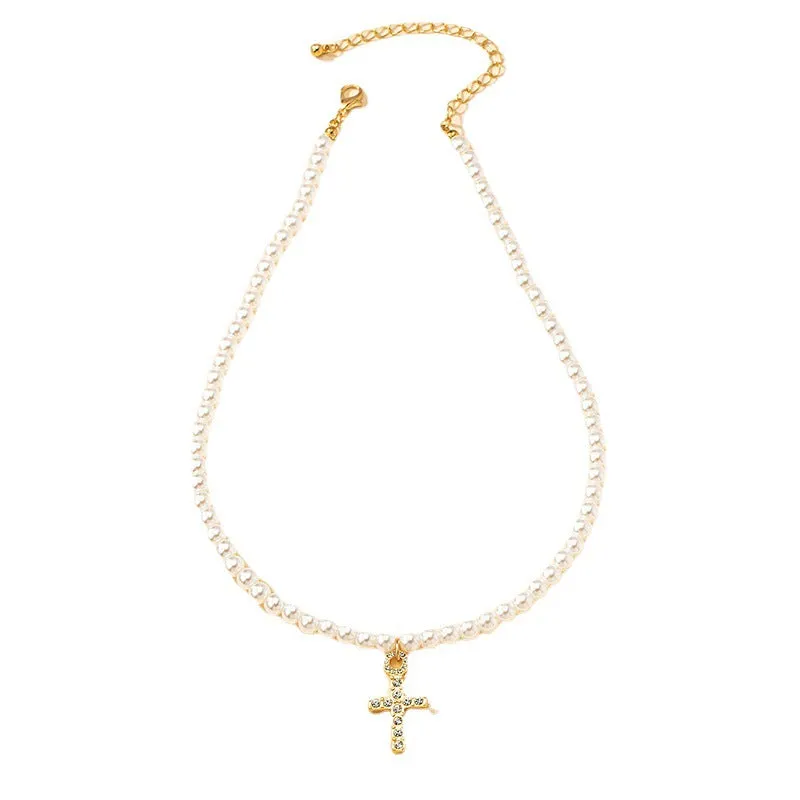 Icy Breeze Cross Necklace Set with Pearl Accent - Women's Elegant Fashion Jewelry