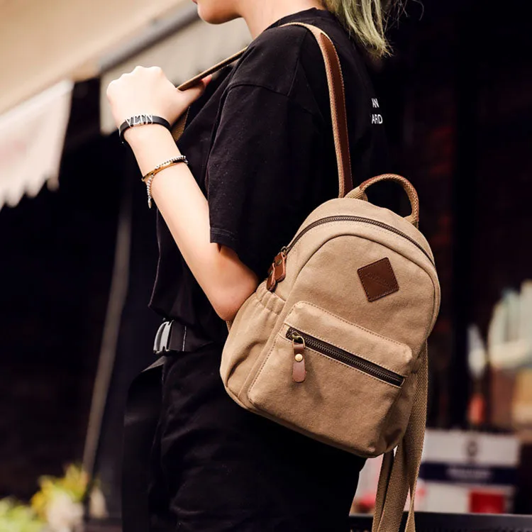 Ladies Small Canvas Leather Hiking Backpack Bag School Book Bag