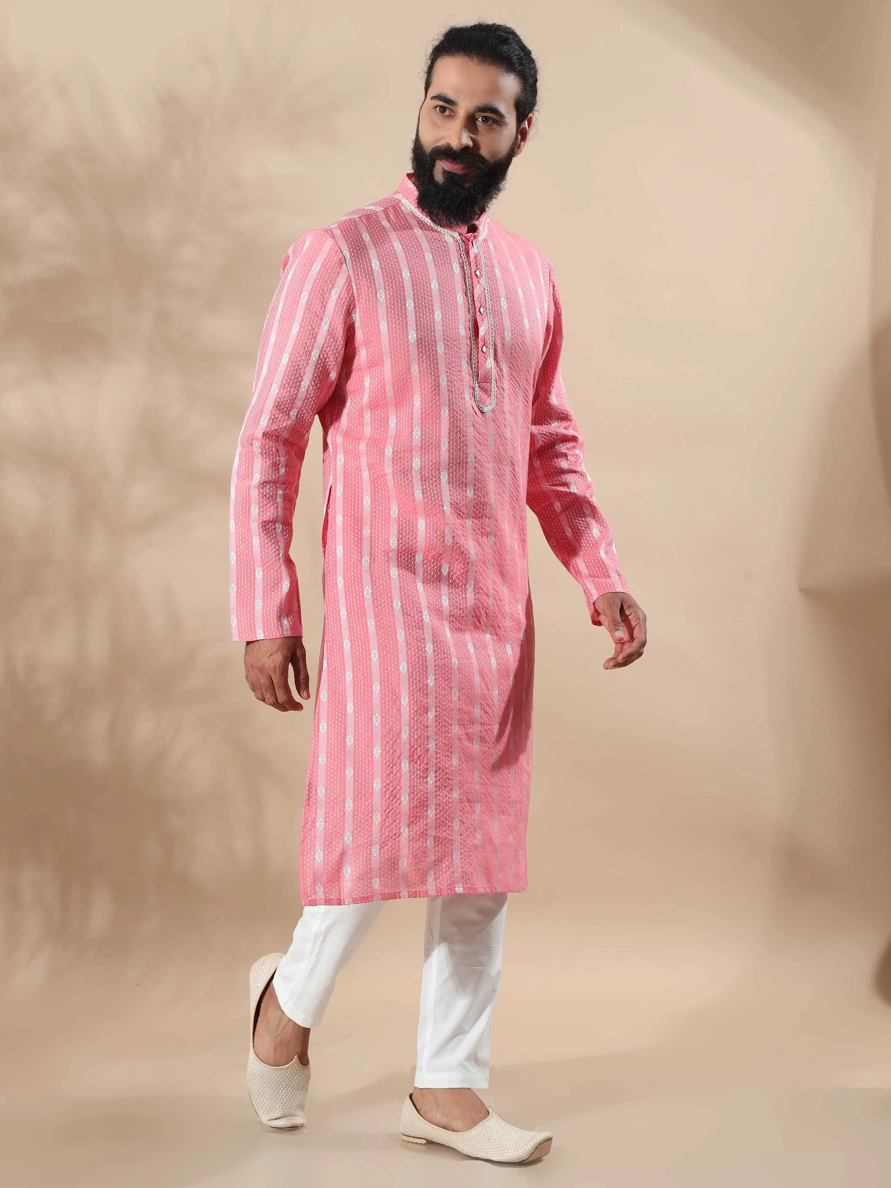 Peach and White Banaras Dobby Long Kurta