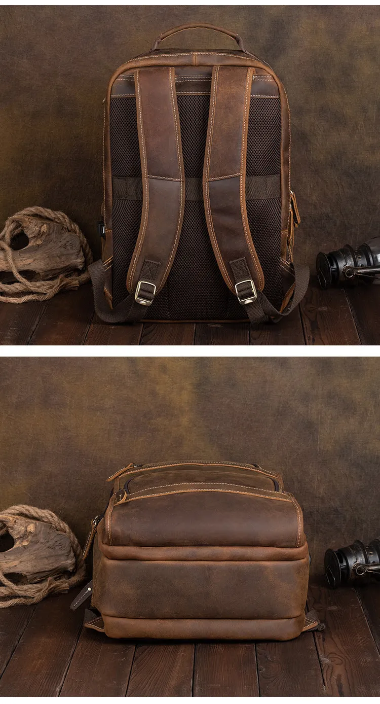 Vintage Genuine Leather School Backpack For Men 15.6 Inch Laptop Bag School Bag Overnight Weekender Camping Daypack Rucksack